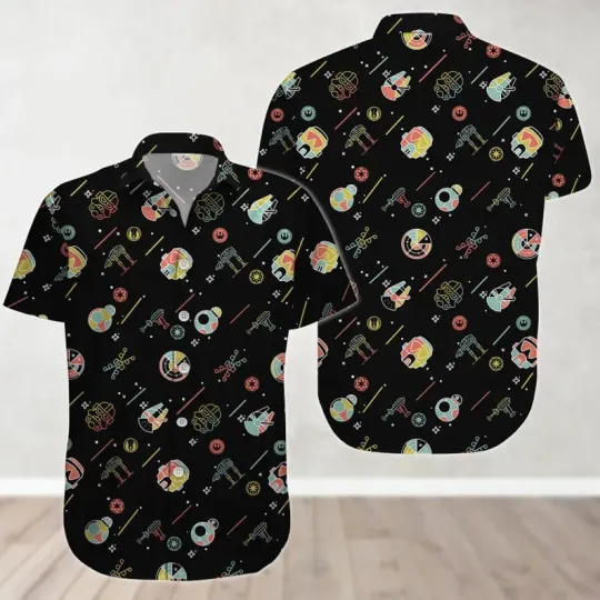 Discover Disney Star Wars Colorful Spaceship Galaxy's Edge Black Hawaiian Shirt