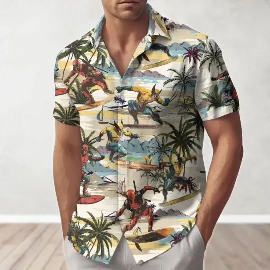 Disney Deadpool And Wolverine Surfing Tropical Summer Vintage Hawaiian Shirt