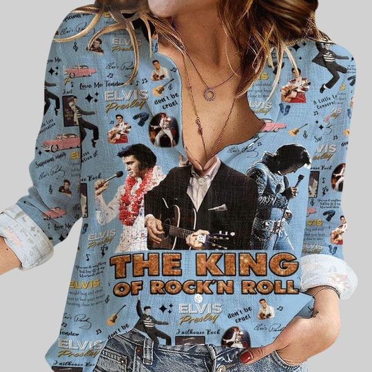 Elvis Presley Linen Shirt Women’s Blouse Rock & Roll Music Gift