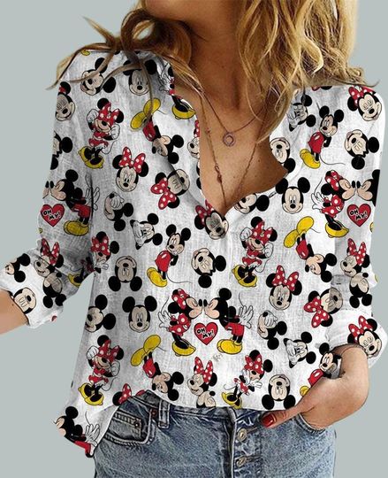 Discover Mickey Mouse and Minnie Linen Blouse, Disney Couple Women's Shirt, Mickey and Minnie Summer Top, Magic Kingdom Shirt