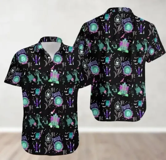 Discover Disney Haunted Mansion Foolsish Halloween Black Hawaiian Shirt