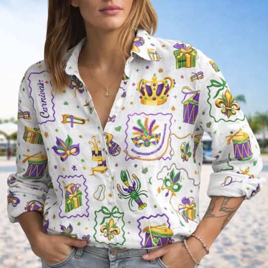 Discover Mardi Gras Linen-Look Shirt for Women, Long Sleeve Party Blouse, Fat Tuesday Coquette Top, Gift for Her