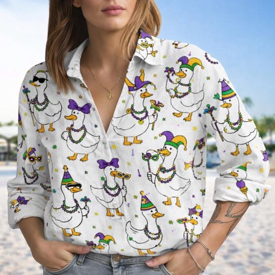 Discover Mardi Goose on the Loose Linen-Look Blouse for Women, Mardi Gras Festival Celebration Shirt
