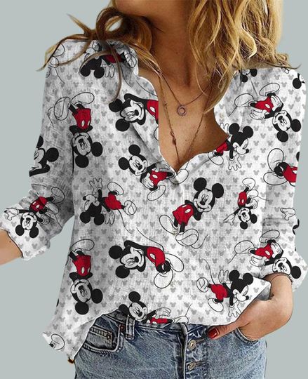 Discover Mickey Mouse Linen Shirt for Women, Disney Cartoon Blouse, Summer Casual Top, Magic Kingdom Shirt