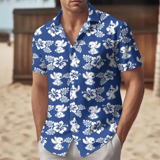 Disney Lilo And Stitch White Hibiscus Royal Blue Hawaiian Shirt