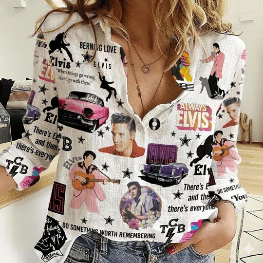 Elvis Presley Linen Shirt Women’s Blouse Rock and Roll Aloha Shirt