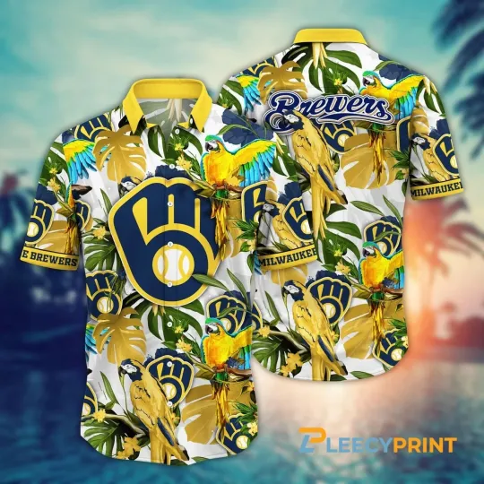 Milwaukee Baseball Team Brewerss Parrot Monstera Leaves Pattern Hawaiian Shirt