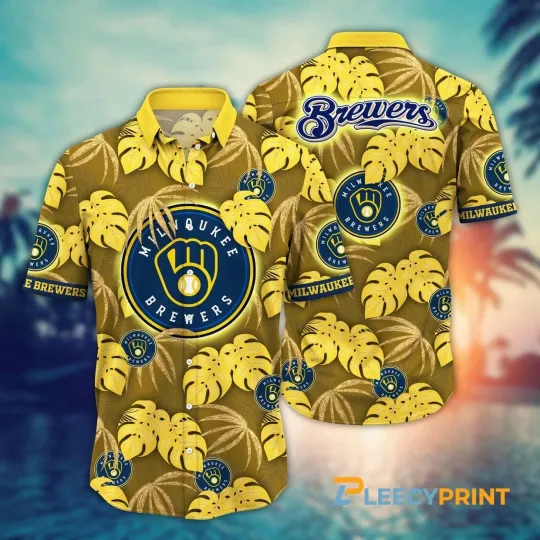 Milwaukee Baseball Team Brewerss Tropical Leaves Pattern Yellow Hawaiian Shirt