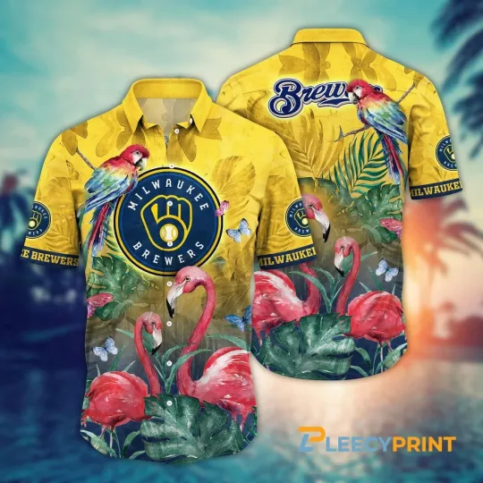 Discover Milwaukee Baseball Team Brewerss Flamingo Parrot Monstera Summer Hawaiian Shirt