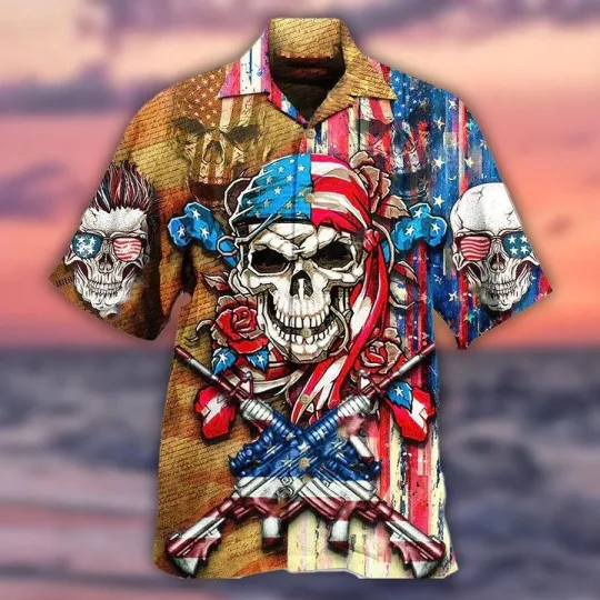 Discover Skull Aloha Hawaiian Shirt For Summer   Skull Patriotic Flower America Hawaiian