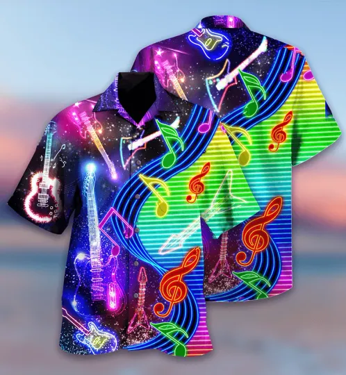 Discover Guitar Light Neon Aloha Hawaiian Shirt For Summer Colorful Guitar Hawaiian Shirt