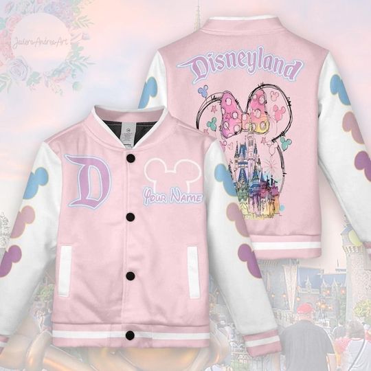 Discover Mickey Minnie Disneyland Castle Watercolor Baseball Jacket, Watercolor Mouse Ears Jacket