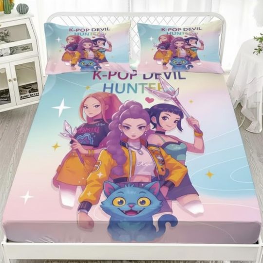 Demon Hunters K-Pop Anime Cartoon Bed Sheet Set, Soft Bedding for Bedroom