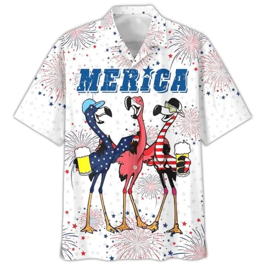 Discover Flamingo Aloha Hawaiian Shirts For Summer Flamingo Drinking Beer In USA Flag Hap