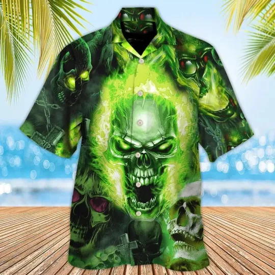Discover Skull Aloha Hawaiian Shirt For Summer   Skull Green Fear No Man Hawaiian Shirt