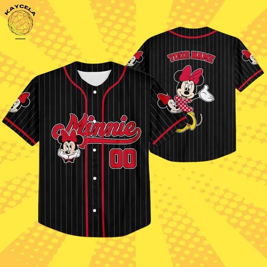 Discover Personalized Disney Minnie Mouse Baseball Jersey, Cute Striped Black Custom Disneyland Team Jersey