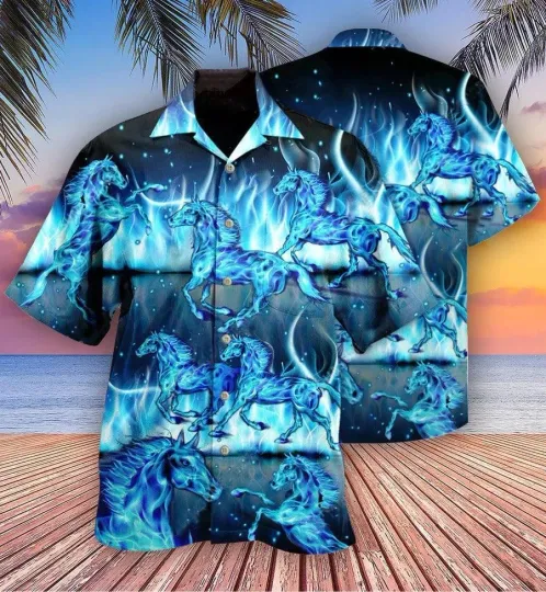 Discover Horse Hawaiian Shirts For Summer  Horse Burning Blue Hawaiian Shirt  Perfect G