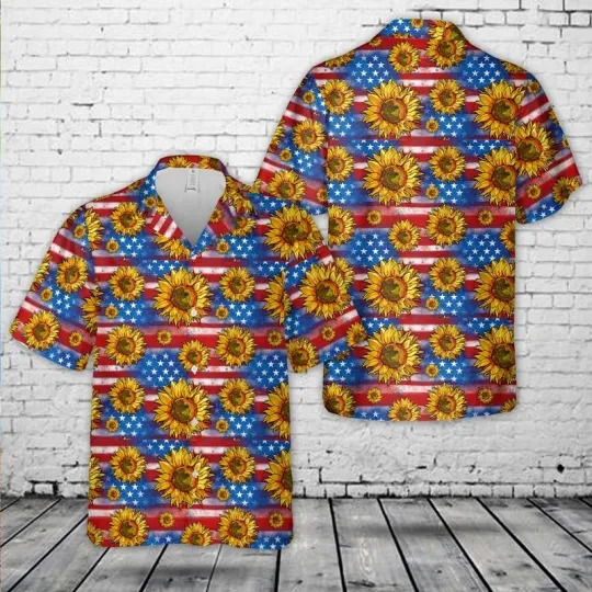 Discover Sunflowers American Flag Hawaiian Shirt