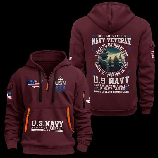 Custom US Navy Veteran Quarter Zip Hoodie: Honor Courage Commitment, Proudly Served Design