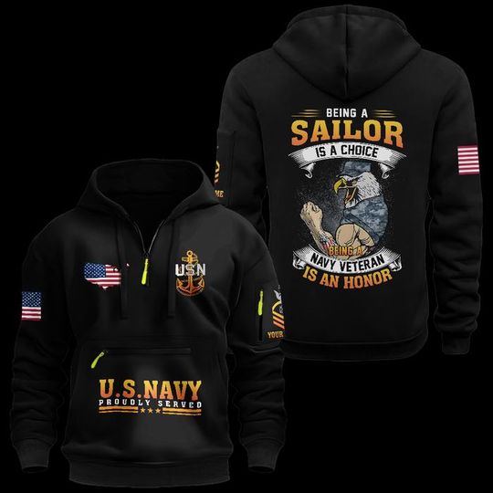 Custom US Navy Veteran Hoodie: Cotton Quarter Zip
