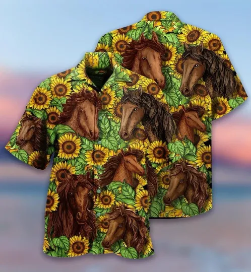 Discover Horse Hawaiian Shirts   Brown Horse And Sunflower Field Aloha Shirts For Men   P