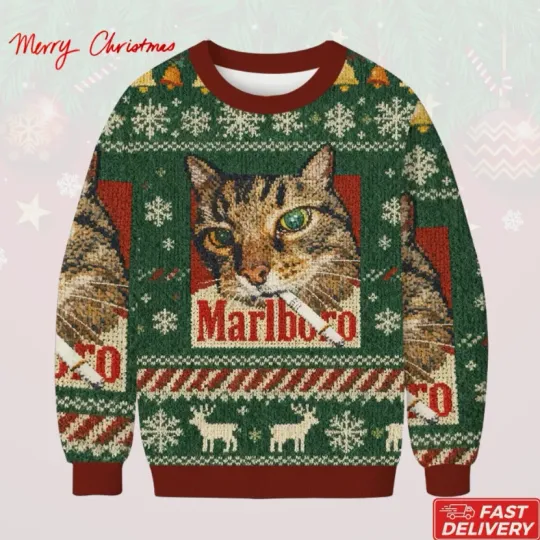 Discover 2025 Christmas! Marlboro Smoking Cat Funny Meme Ugly Christmas Sweater