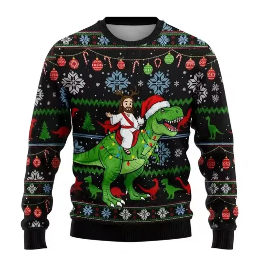 Discover Jesus Riding Dinosaur Funny Ugly Christmas Sweater