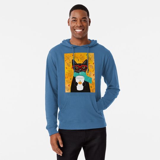 Discover Autumn Pumpkin Coffee Cat Lightweight Hoodie