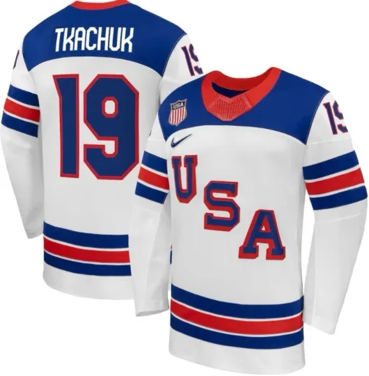 Discover Matthew Tkachuk Team USA 2026 Winter Olympics Jersey White + Blue All STITCHED