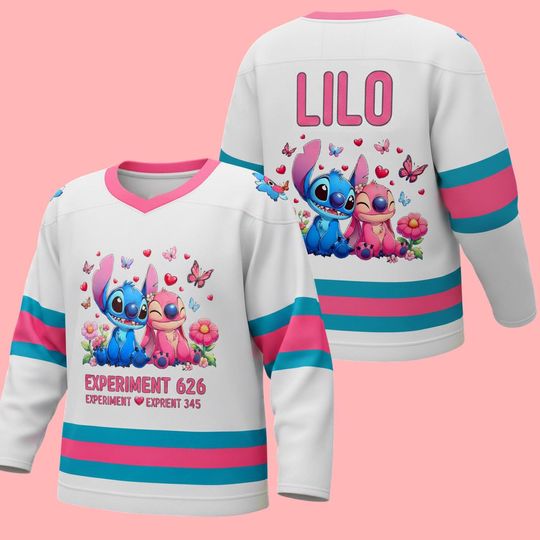 Discover Personalized Pink Valentine Cartoon Characters Hockey Jersey, Coquette Valentine Couple XOXO Jersey