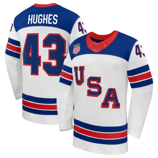 Discover Men's #43 Hughes White 2026 Away Replica All Stitched Hockey Jersey Sz S-6XL