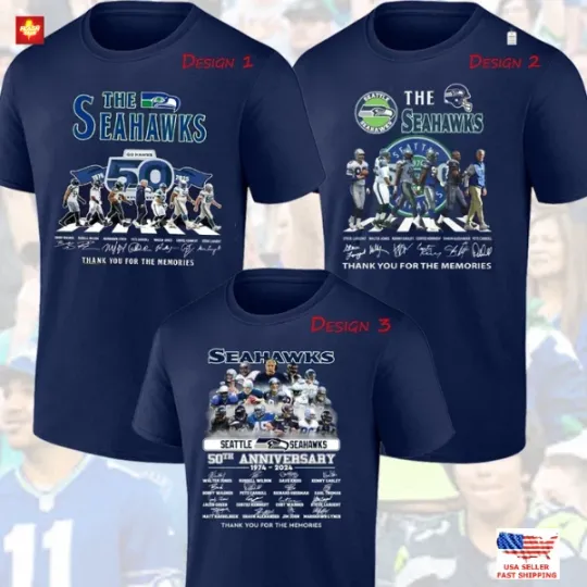 Discover Seattle Seahawks 50th Anniversary 2025 T-Shirt Fan Signatures Thank You
