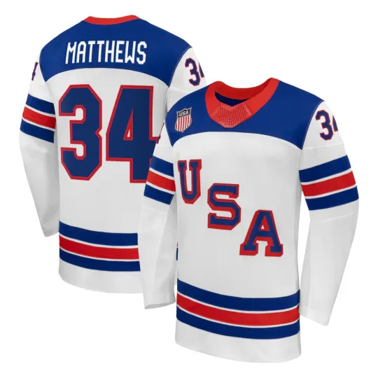 Discover Men's #34 Matthews White 2026 Away Replica All Stitched Hockey Jersey Sz S-6XL