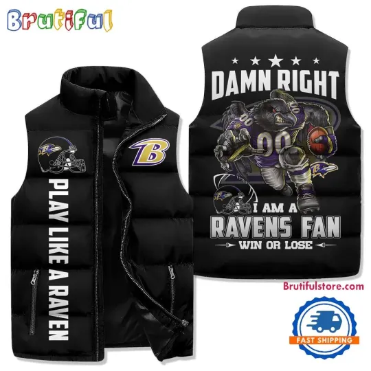 Discover Baltimore Ravens Sporty Mascot Design Sleeveless Puffer Jacket