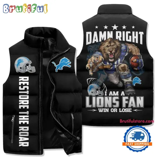 Discover Detroit Lions Sporty Mascot Design Sleeveless Puffer Jacket