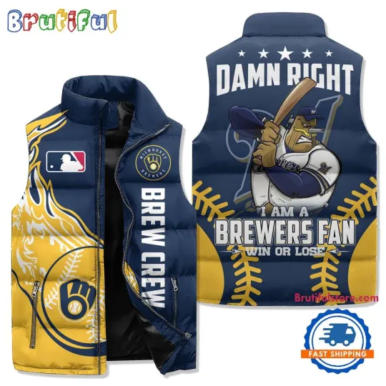 Discover Milwaukee Brewers Sporty Mascot Design Sleeveless Puffer Jacket