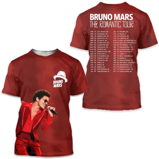 Discover Bruno Mars The Romantic Tour 2026 3D T-Shirt