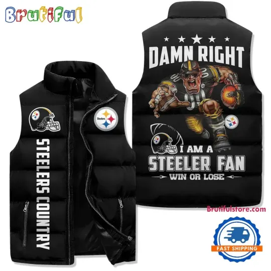 Discover Pittsburgh Steeler Sporty Mascot Design Sleeveless Puffer Jacket