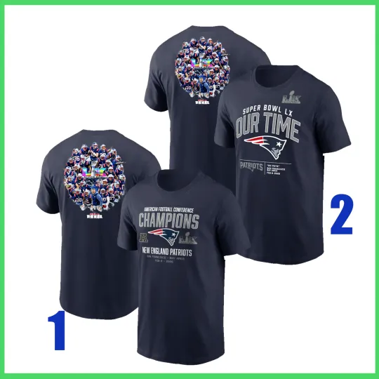 Discover New England Patri0ts Super Bowl LX T-Shirt Navy Reprint Gildan