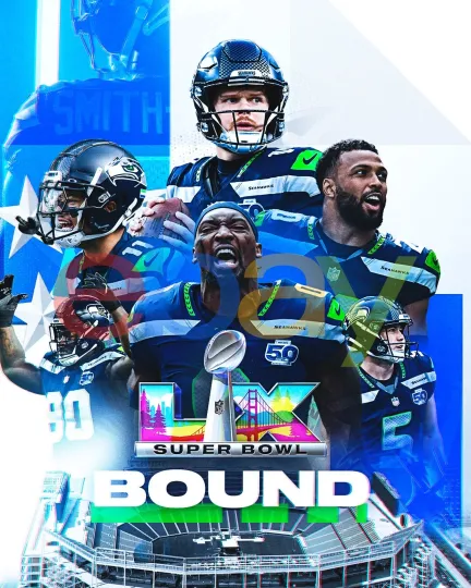 Discover Seattle Seahawks Super Bowl LX Bound Vertical Poster Football Collage