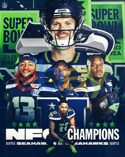 Discover Seattle Seahawks 2025 NFC Champions Collage Vertical Poster Football Photo