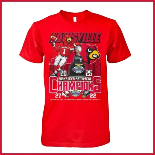 Discover Louisville Cardinals 2025 Boca Raton Bowl Champions T-Shirt