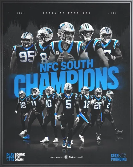 Carolina Panthers 2025 2026 NFC South Champions Vertical Football Poster