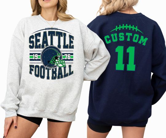 Discover Seattle Football Custom Name Number Shirt or Sweatshirt, Front Back Personalized Football FanHoodie, Game Day Sports Apparel