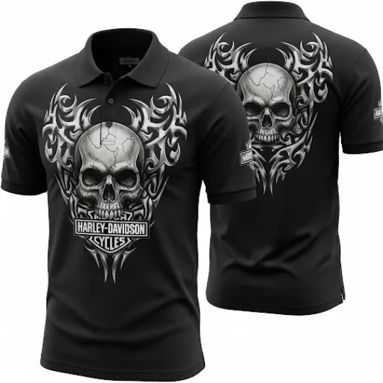Discover Haarleyy Davidson Polo Shirt, Vintage Tribal Pattern Skull Shirt For Fans
