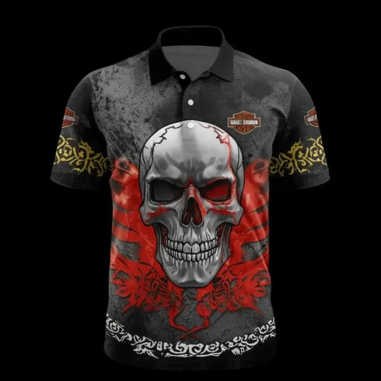 Discover Haarleyy Davidson Polo Shirt, Vintage Tribal Pattern Skull Shirt For Fans