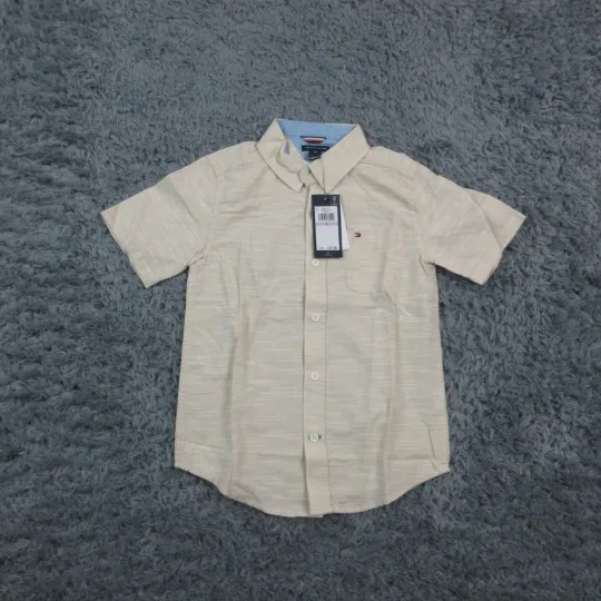 Discover Tommy Hilfiger Shirt Boys 6 Beige Stripe Short Sleeve Button Front Collared NWT