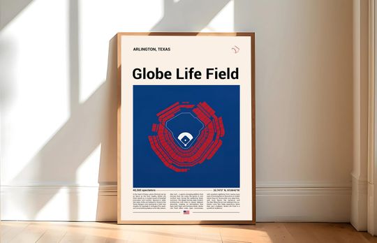 Texas Rangers Poster Globe Life Field Stadium Print Mid Century Modern Baseball Poster Sports Bedroom Wall Art