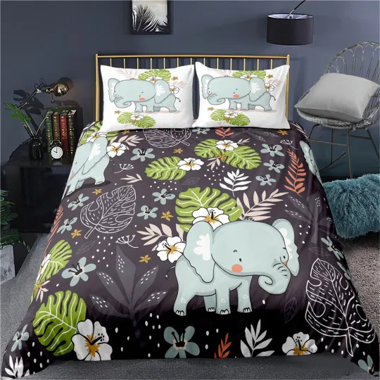 Discover Elephant Tropical Leaf Doona Duvet Quilt Cover Set Single Double Queen King Bed