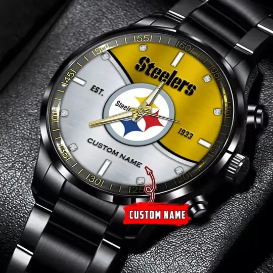 Discover Custom Name Steeler Personalized Black Stainless Steel Watch Gift For Fan